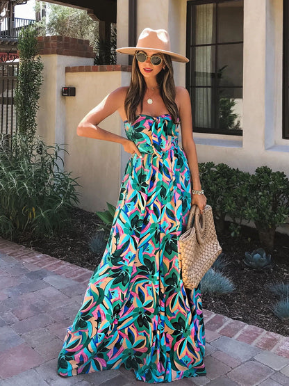 Summer Temperament Women'S Print High Waist Wrap Chest Jumpsuit Casual Pants