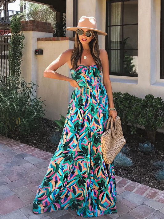 Summer Temperament Women'S Print High Waist Wrap Chest Jumpsuit Casual Pants