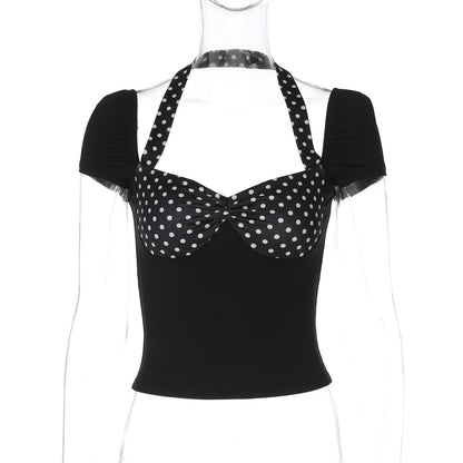 Backless Polka Dot Crossover Top Trendy Casual T-Shirt