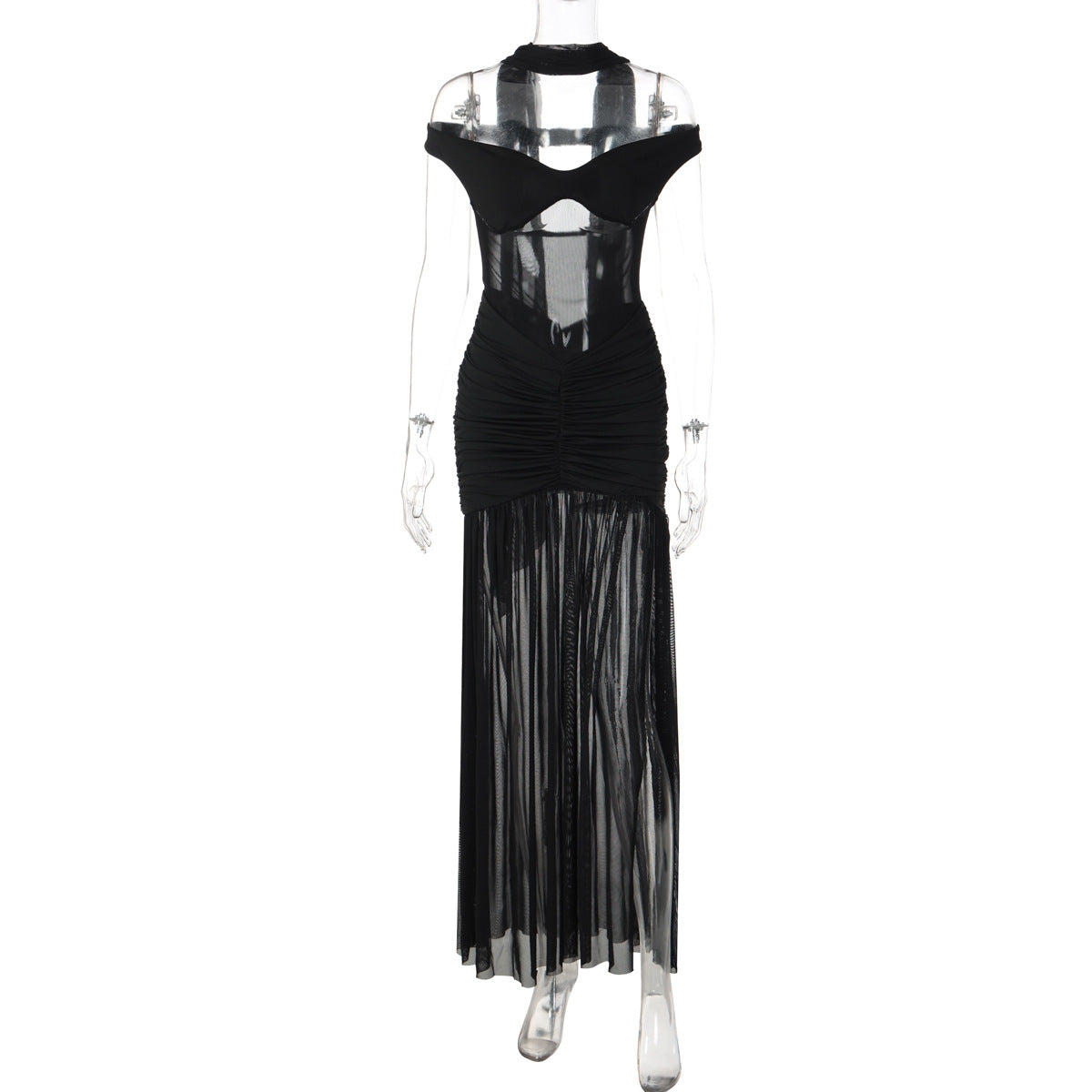 Elegant Sheer Mesh Bodycon Maxi Dress with Off-Shoulder Design