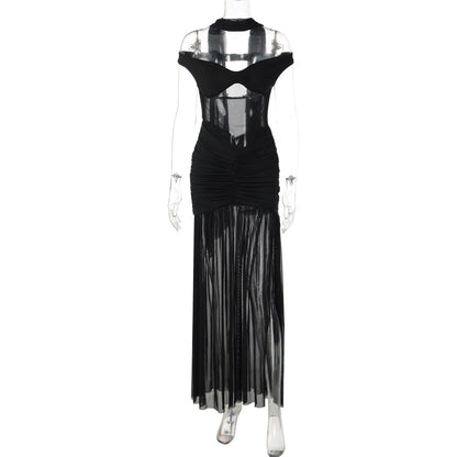 Elegant Sheer Mesh Bodycon Maxi Dress with Off-Shoulder Design