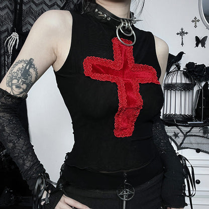 Trendy Cross Design Sleeveless Vest Top Casual Streetwear