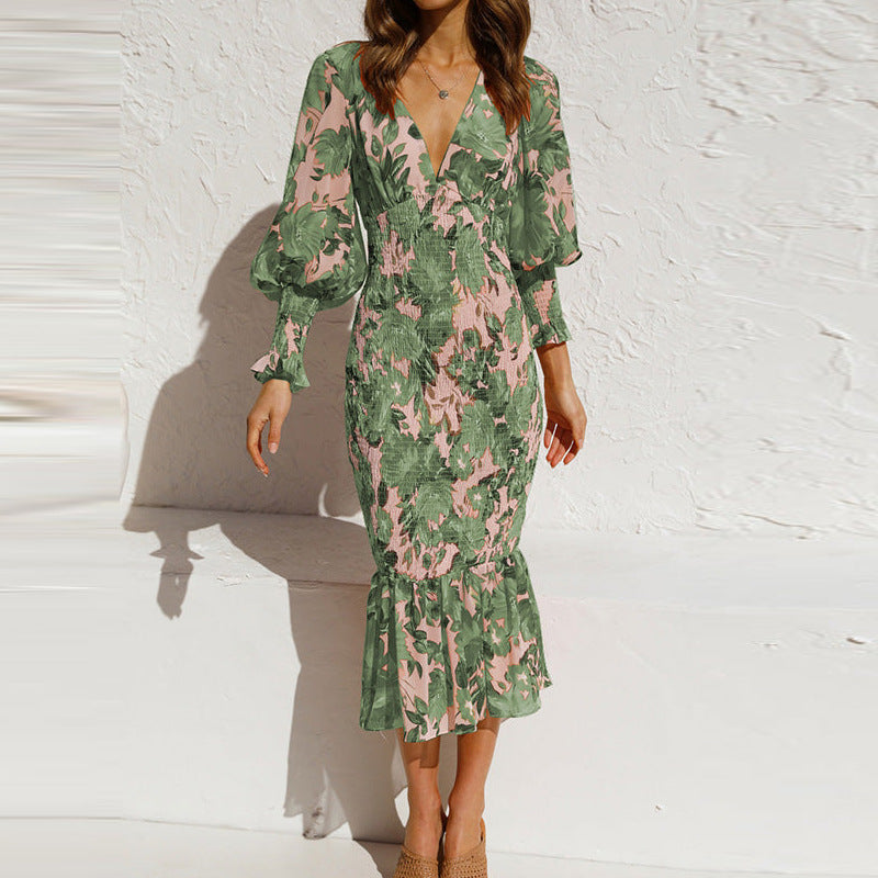 Elegant V-Neck Mermaid Dress with Waist Cinching