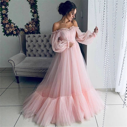 Off-The-Shoulder Tulle Wedding Dress with Long Sleeves