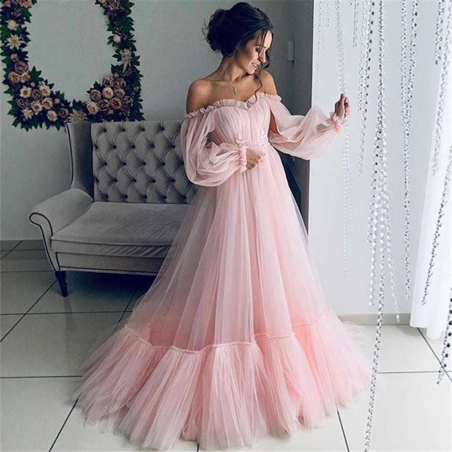 Off-Shoulder Tulle Long Sleeve Wedding Dress With Flared Skirt