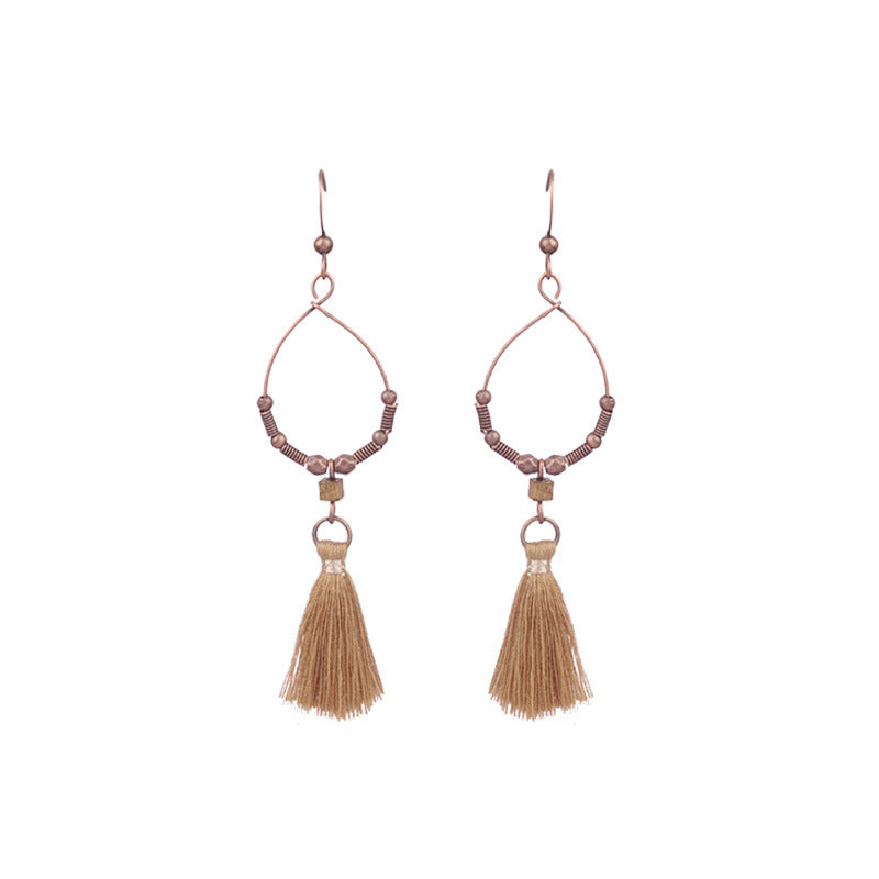 Exaggerated Vintage Geometric Wooden Earrings with Tassel and Bell