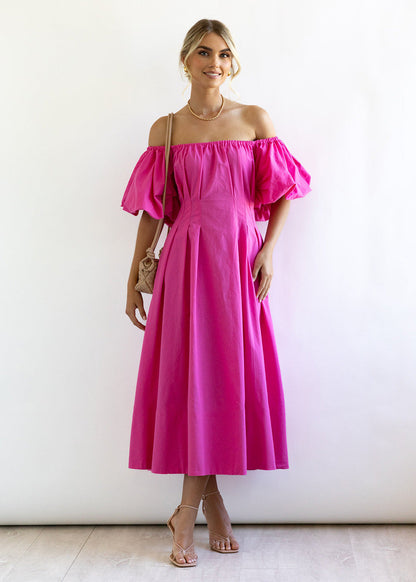 Off Shoulder Puff Sleeves Midi Dress