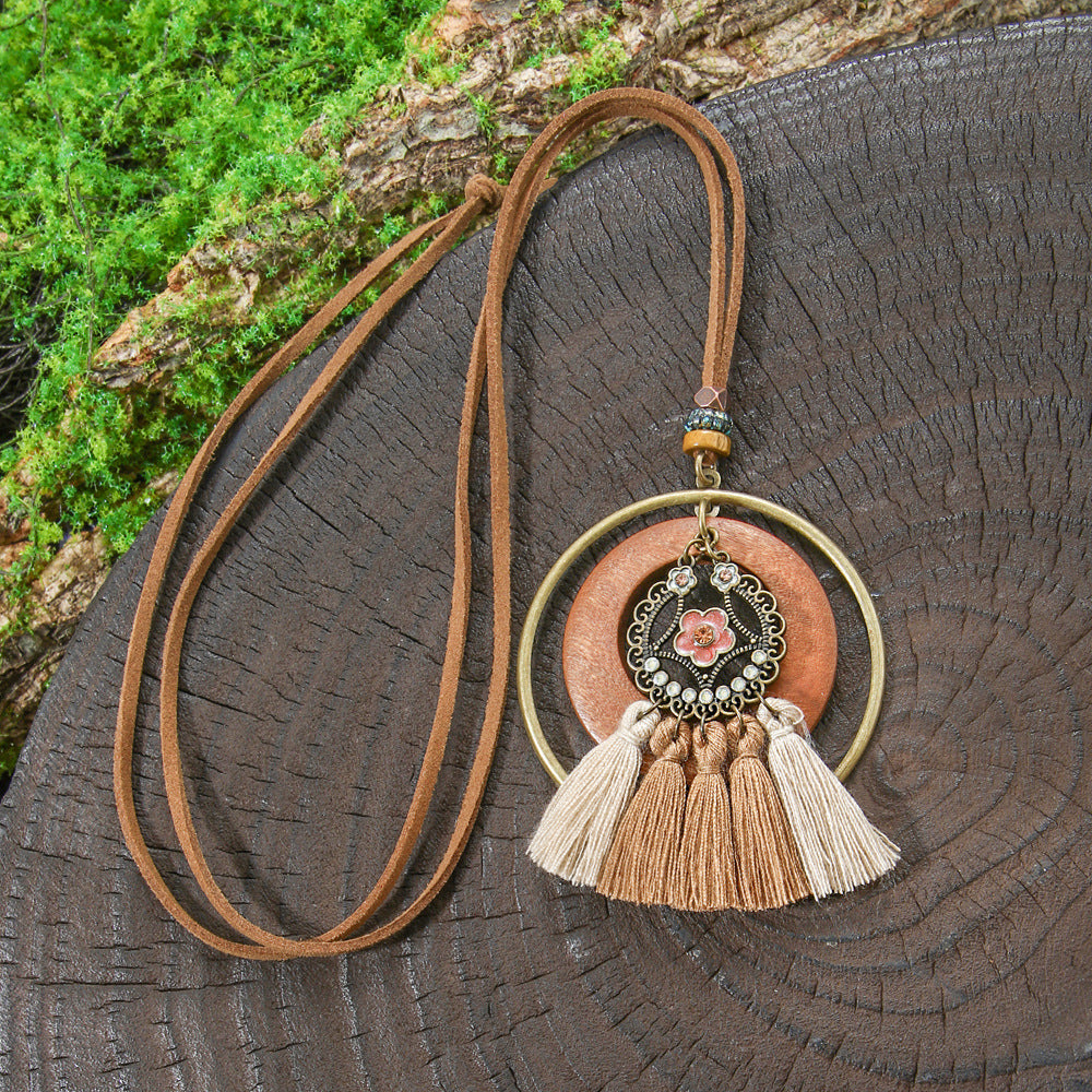 Bohemian Long Necklace with Tassels and Geometric Shapes