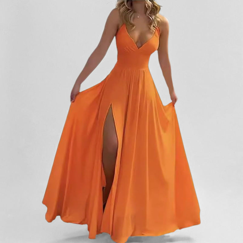 Elegant Solid Color Slip Dress With Ruffle Trim