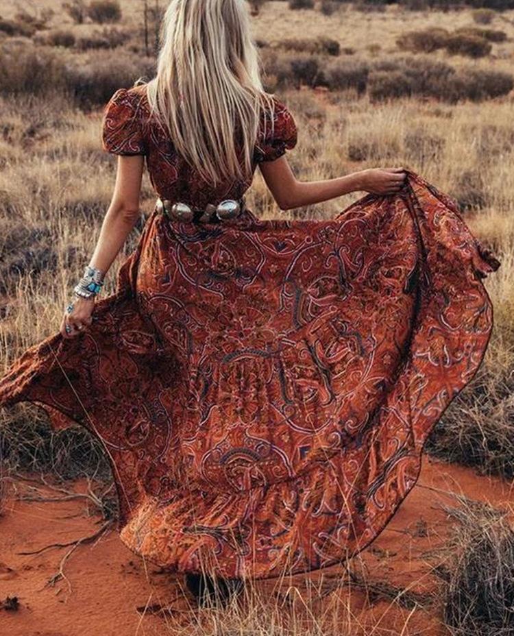 Sexy Printed V-Neck Short-Sleeved Bohemian Holiday Dress