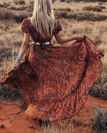 Sexy Printed V-Neck Short-Sleeved Bohemian Holiday Dress