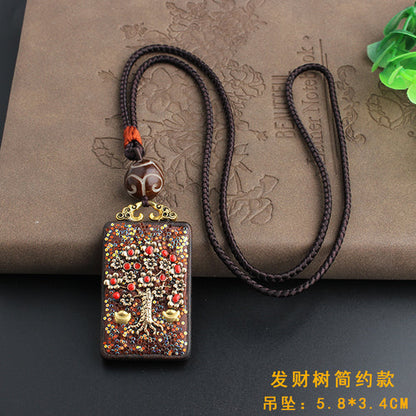 Vintage Ebony Nepal Pendant Fortune Transfer Necklace Long Versatile Ethnic Style Peace Card Pendant Necklace