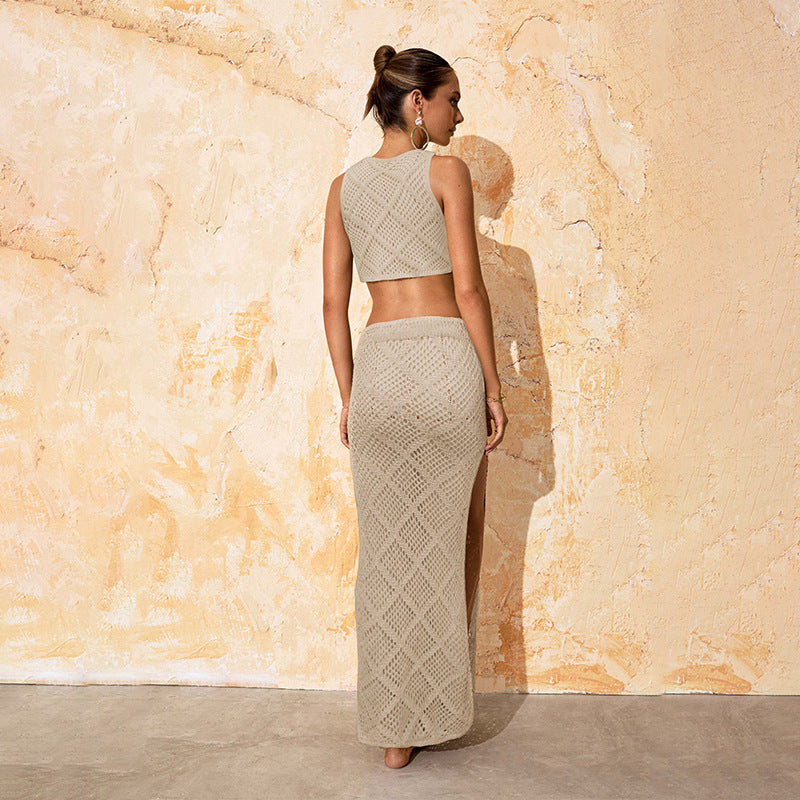 Solid Color Hollow Out Sexy Knit Swim Cover UP