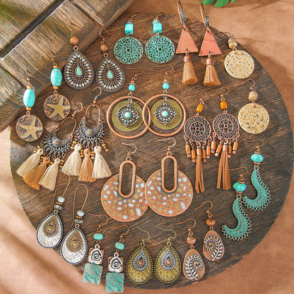 Bohemian Style Geometric Earrings Set with Hollow Design and Tassels