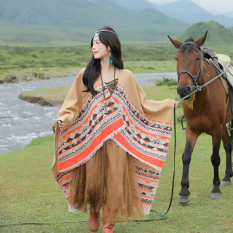 Tibetan Great Retro Totem Red Warm Outer Shawl Women'S Scarf Autumn And Winter Cloak Big Cloak