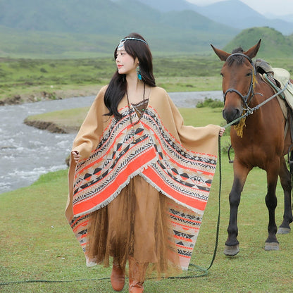 Tibetan Great Retro Totem Red Warm Outer Shawl Women'S Scarf Autumn And Winter Cloak Big Cloak