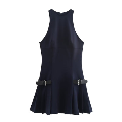 Trendy Round Neck Pleated Mini Dress