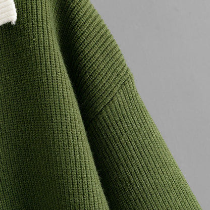 Knit Polo Collar Color Block Pullover Sweater