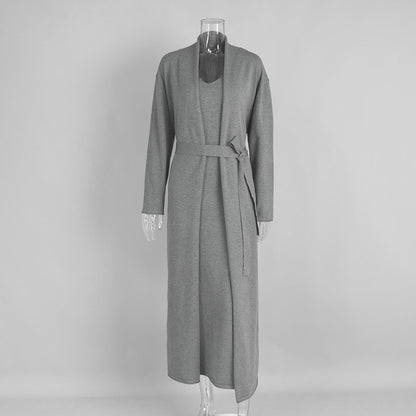 Knitted Long Sleeve Cardigan And Camisole Dress Set Soft Casual Ensemble
