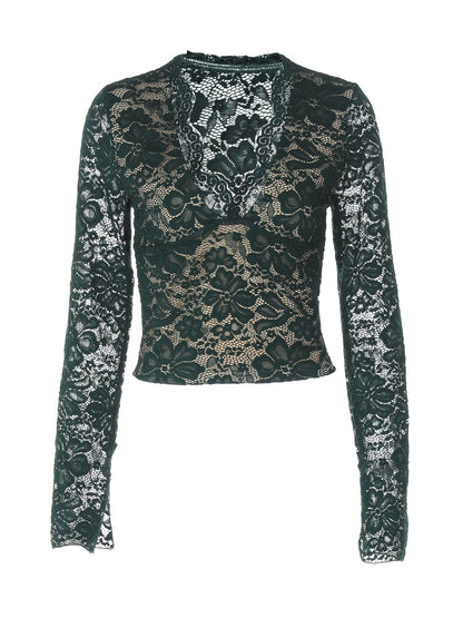 Sheer Lace Long Sleeve T-Shirt Slim Fit Trendy Style