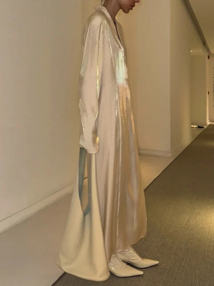 Shiny Gold V-Neck Split Casual Dress