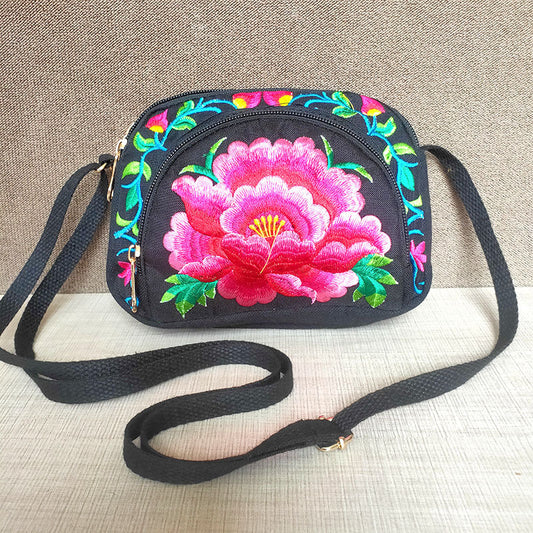 New Ethnic Style Embroidery Bag Women'S Embroidery Crossbody Three-Layer Zipper Shoulder Bag