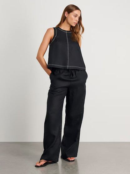 Linen Cotton Sleeveless Top and Wide-Leg Pants Casual Set