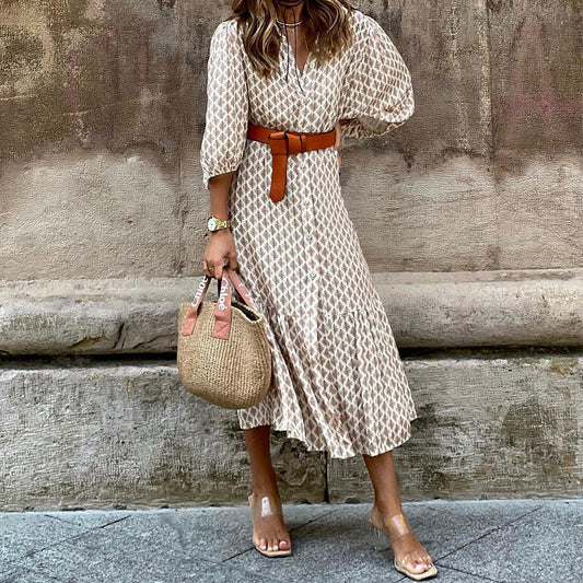 Fall/Winter New Fashion Belt Print V-Neck Simple Temperament Long Dress