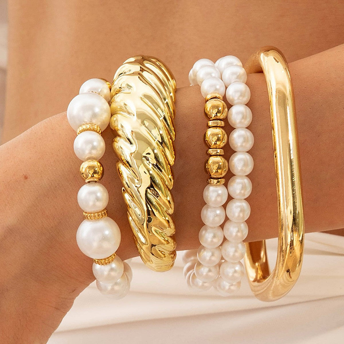 Layered Geometric Statement Cuff Bracelet Set