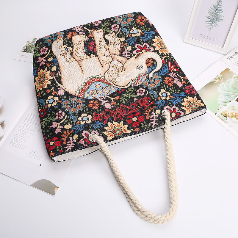 Ethno-Style Black Flower Elephant Double-Sided Jacquard Embroidery With Gold Wire Canvas Chain Tote Shoulder Bag