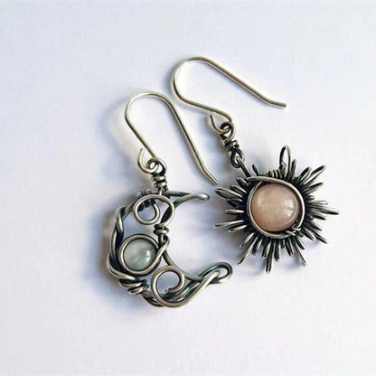 Bohemian Retro Sun Moon Earrings Moonstone Asymmetric Sun Moon Earrings