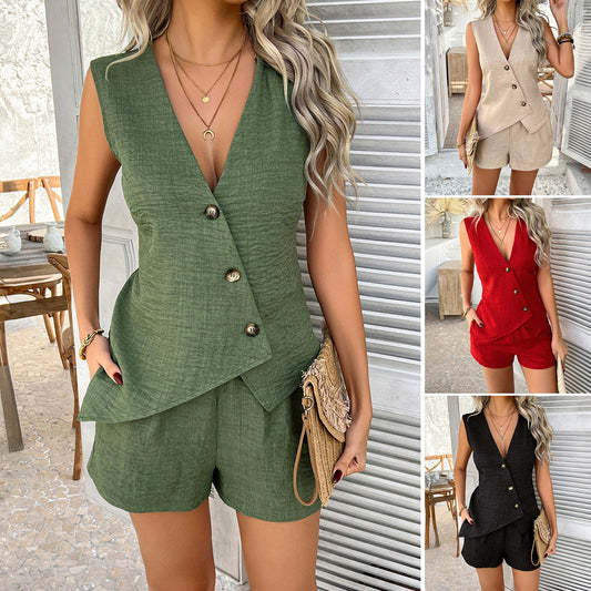 Casual Solid Color Button Cardigan Vest and Shorts Set
