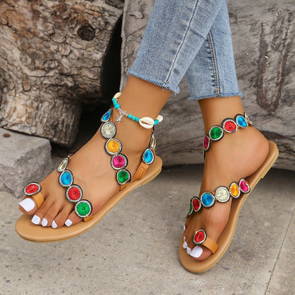 Embroidered Gem Sunflower Flat Sandals