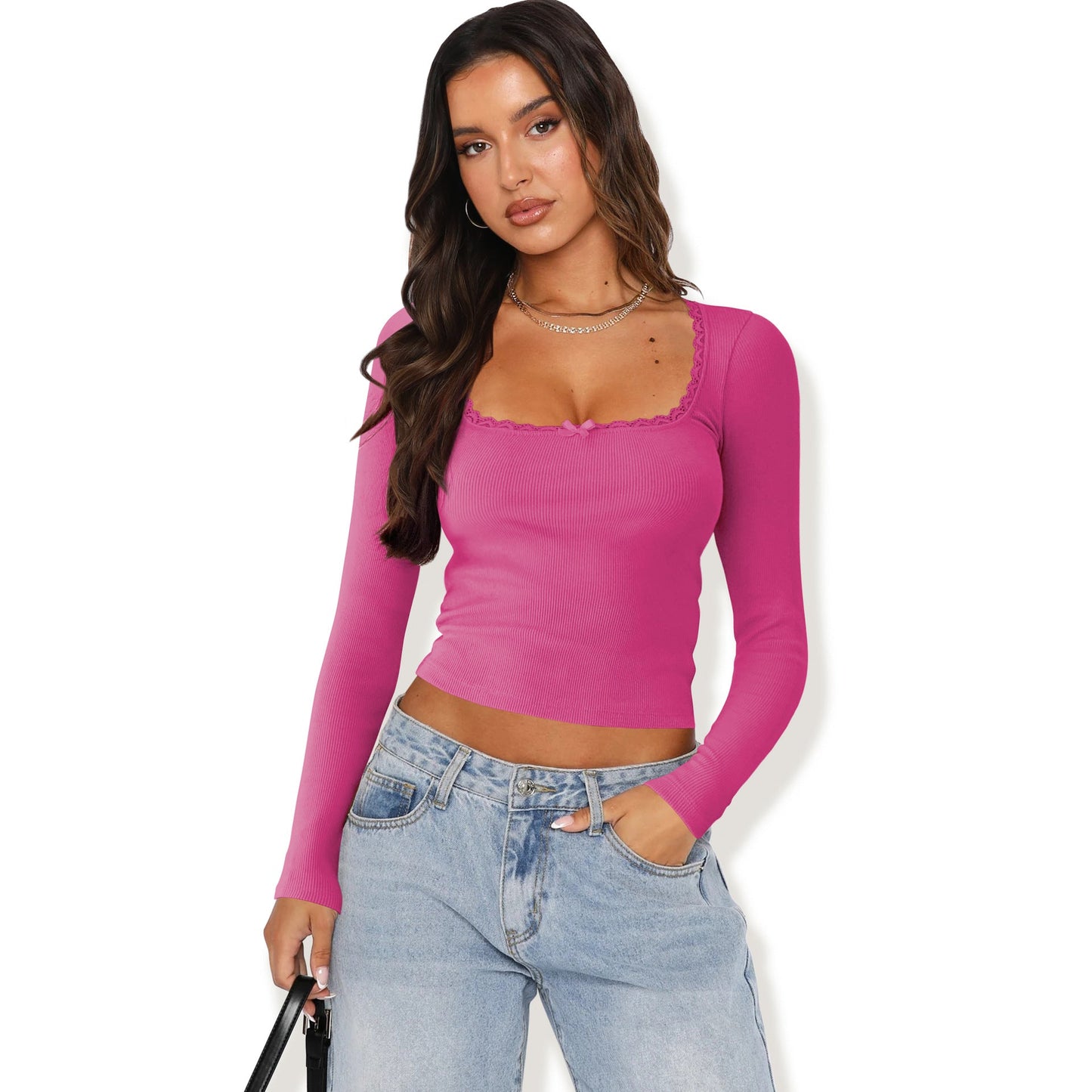 Women’s Long Sleeve Lace Trim U-Neck T-Shirt