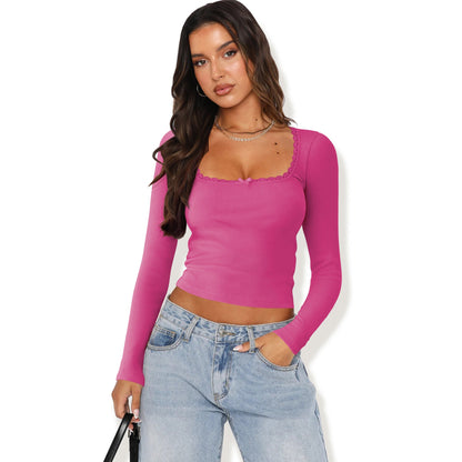 Women’s Long Sleeve Lace Trim U-Neck T-Shirt
