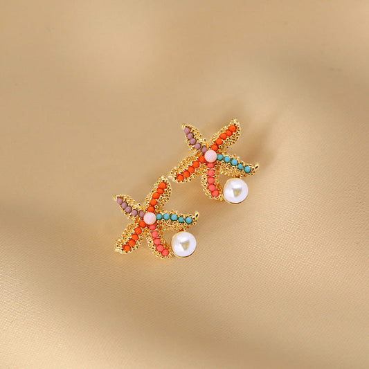 Vintage Colorful Starfish Stud Earrings