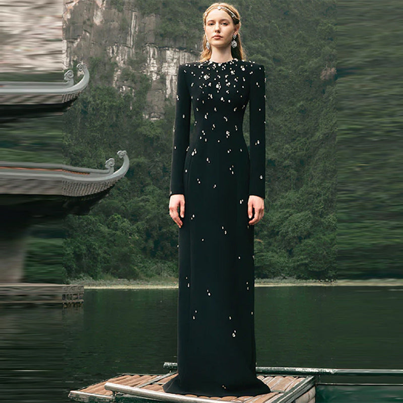 Elegant Beaded Long Sleeve Maxi Dress For Special Occasions