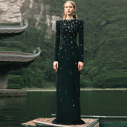 Elegant Beaded Long Sleeve Maxi Dress For Special Occasions