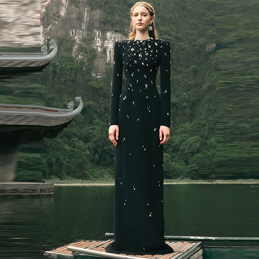 Elegant Beaded Long Sleeve Maxi Dress For Special Occasions