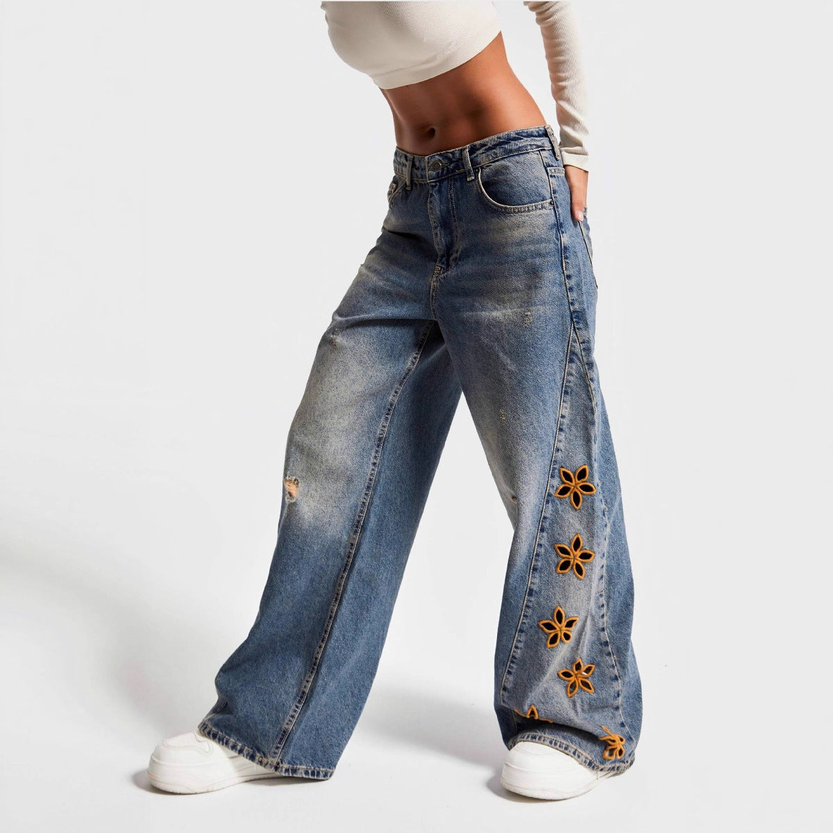 High Waist Flower Embroidered Wide Leg Jeans