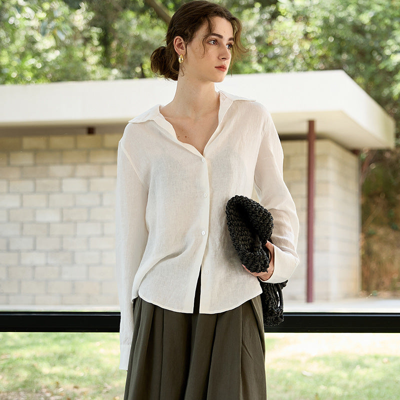 Linen V-Neck Long Sleeve Shirt For Women - Casual Elegant Office Top