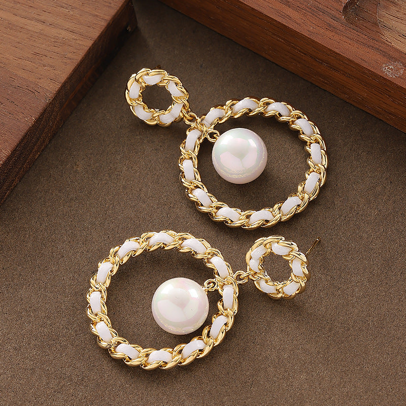 Elegant French Style Woven Leather Pearl Earrings