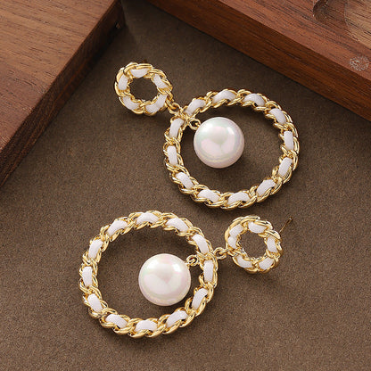 Elegant French Style Woven Leather Pearl Earrings