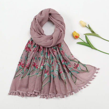 New Embroidered Furball Scarf, Cotton And Linen Shawl, Women'S Ethnic Style Retro Style, With Spring And Autumn Scarf