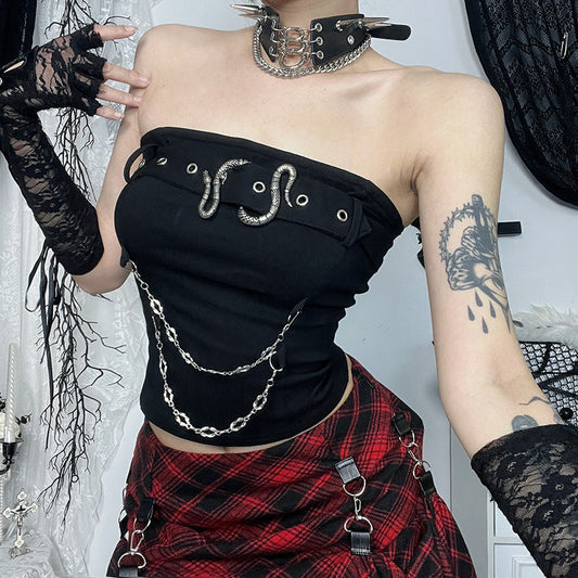 Black Fashion Snake Buckle Strapless Crop Top