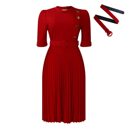 Elegant Solid Color Pleated Button Dress With Belt
