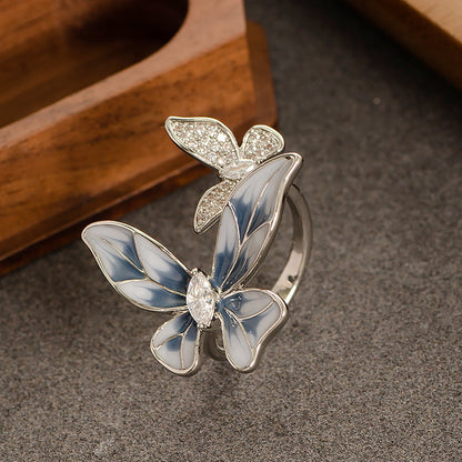 French-Inspired Adjustable Butterfly Open Ring With Zircon Stone