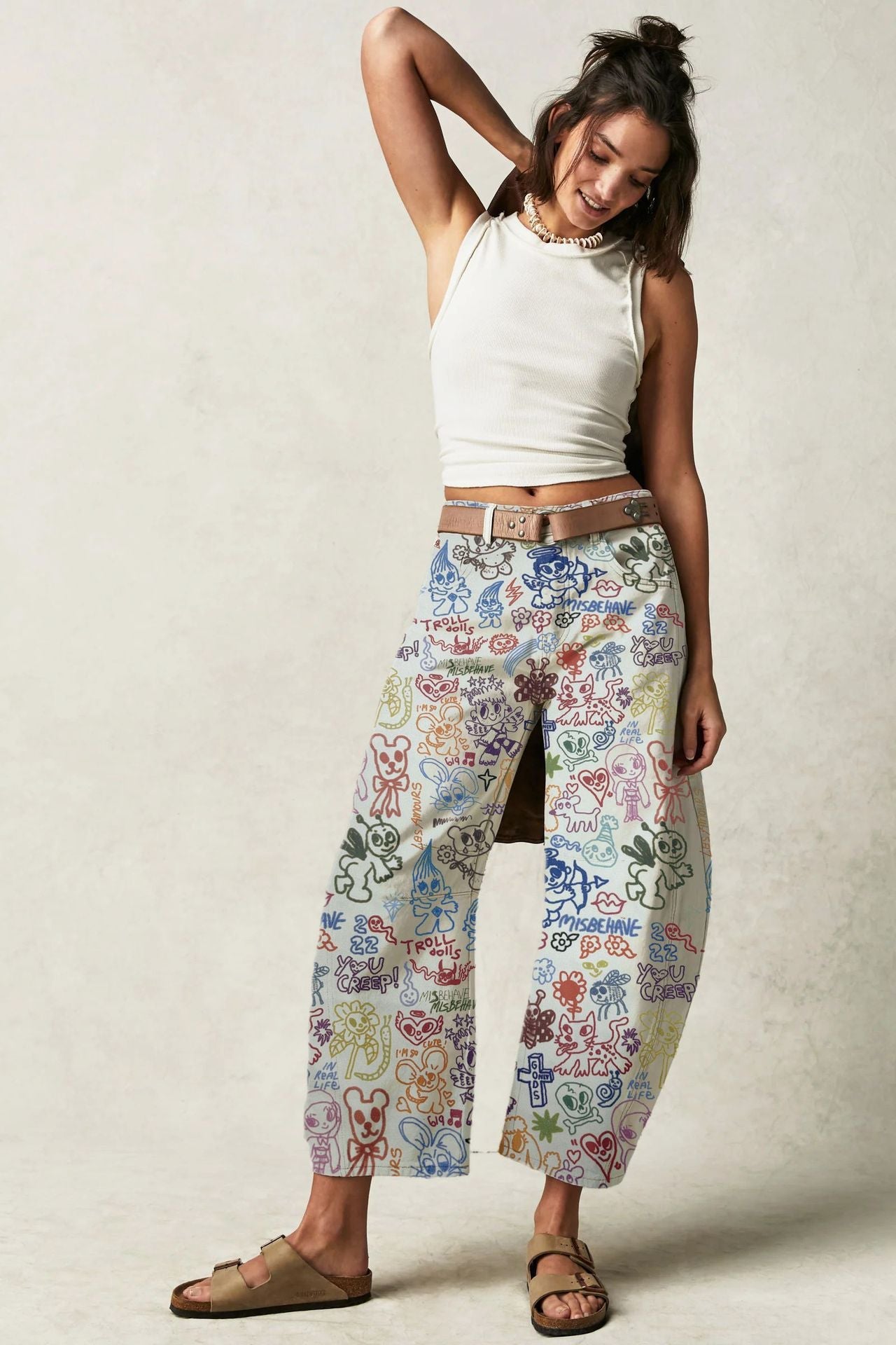 Casual Loose Mid-Rise Women's Denim Pants with Cartoon Patterns