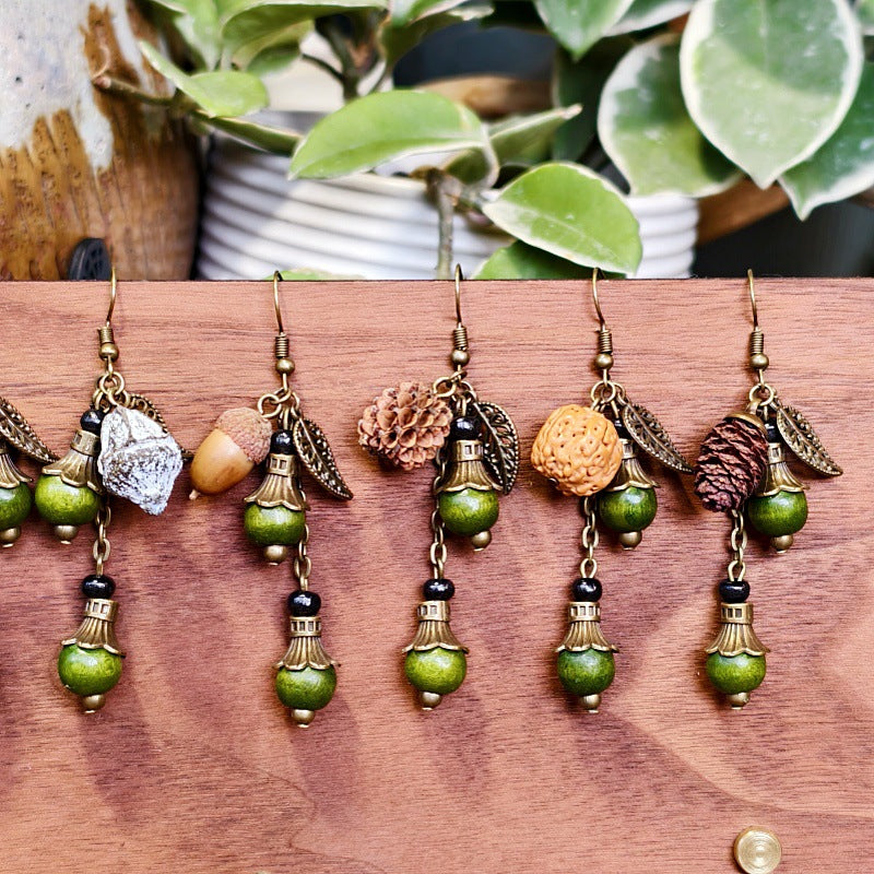 Bohemian Floral-Inspired Alloy Earrings with Unique Wood Bead Design