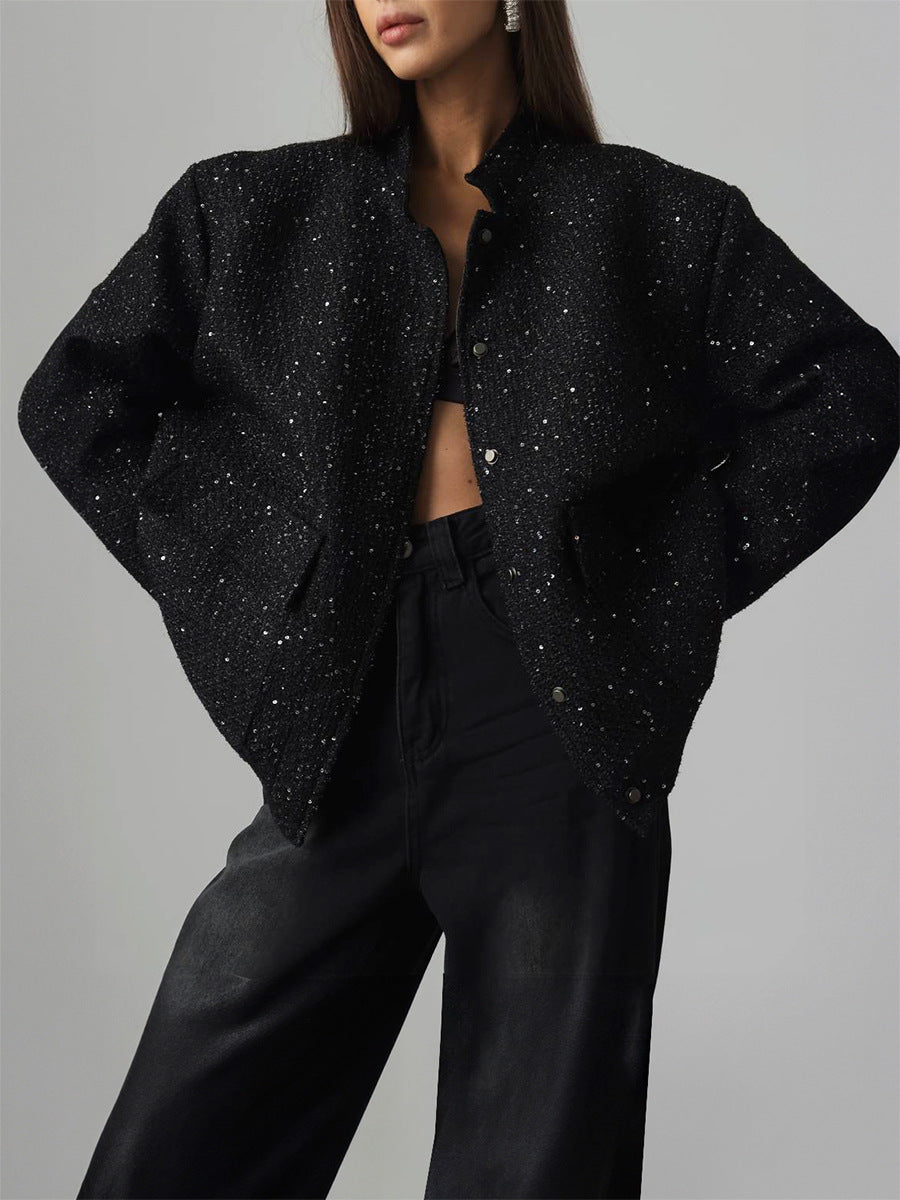 Sequin Detail Stand Collar Jacket Stylish Casual Outerwear